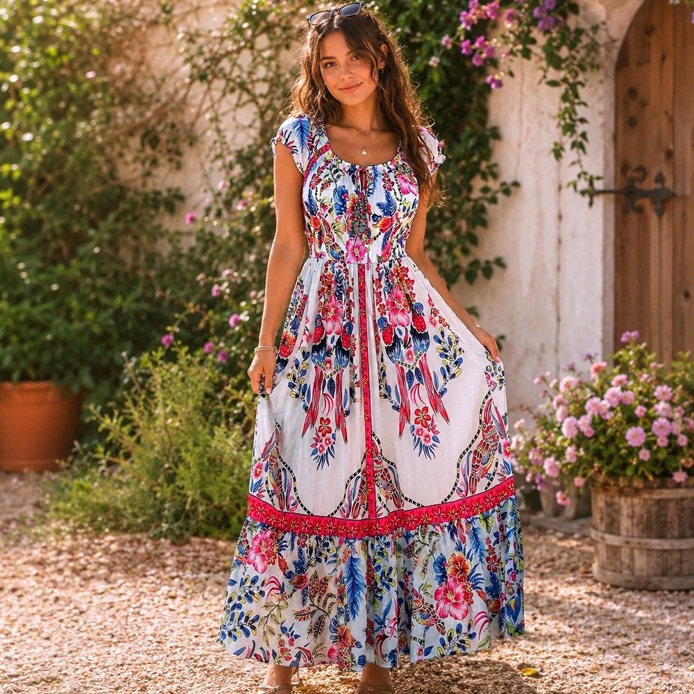 NWT Me 2 Magic Anthropologie Small Maxi Dress Boho Chic Floral Coastal Cottage S